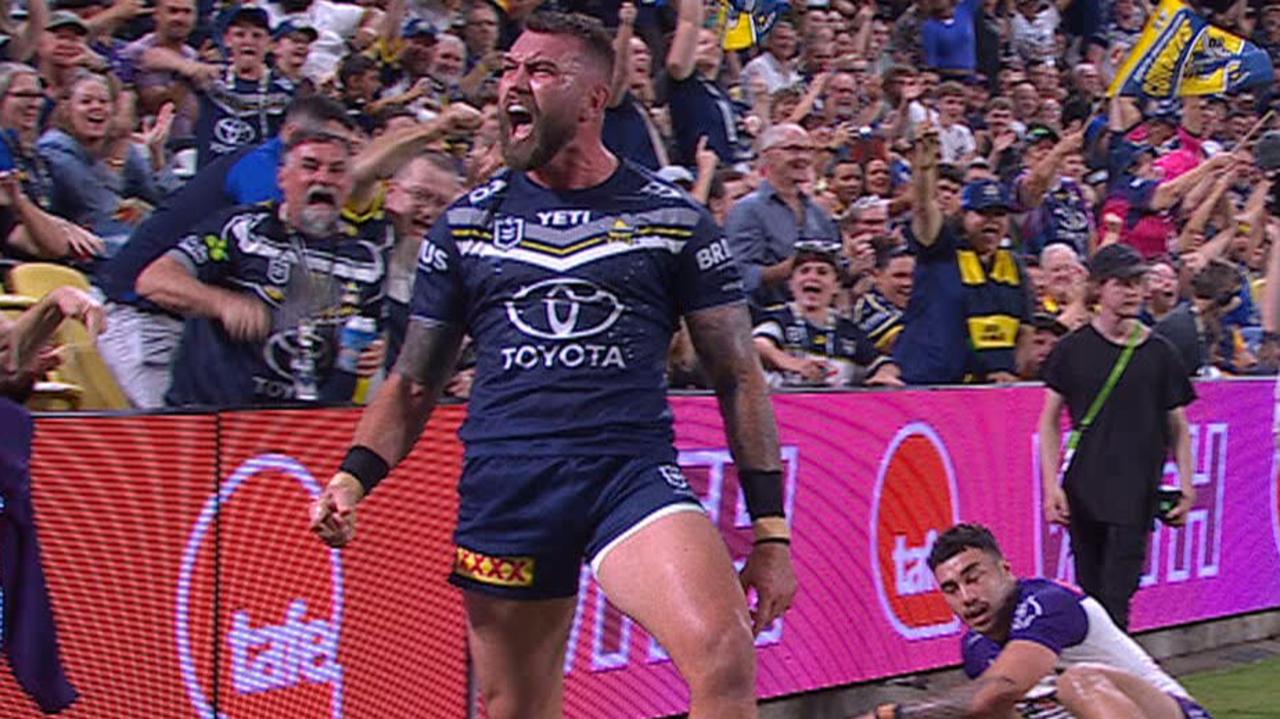 Kyle Feldt celebrates a try in his final Cowboys home game