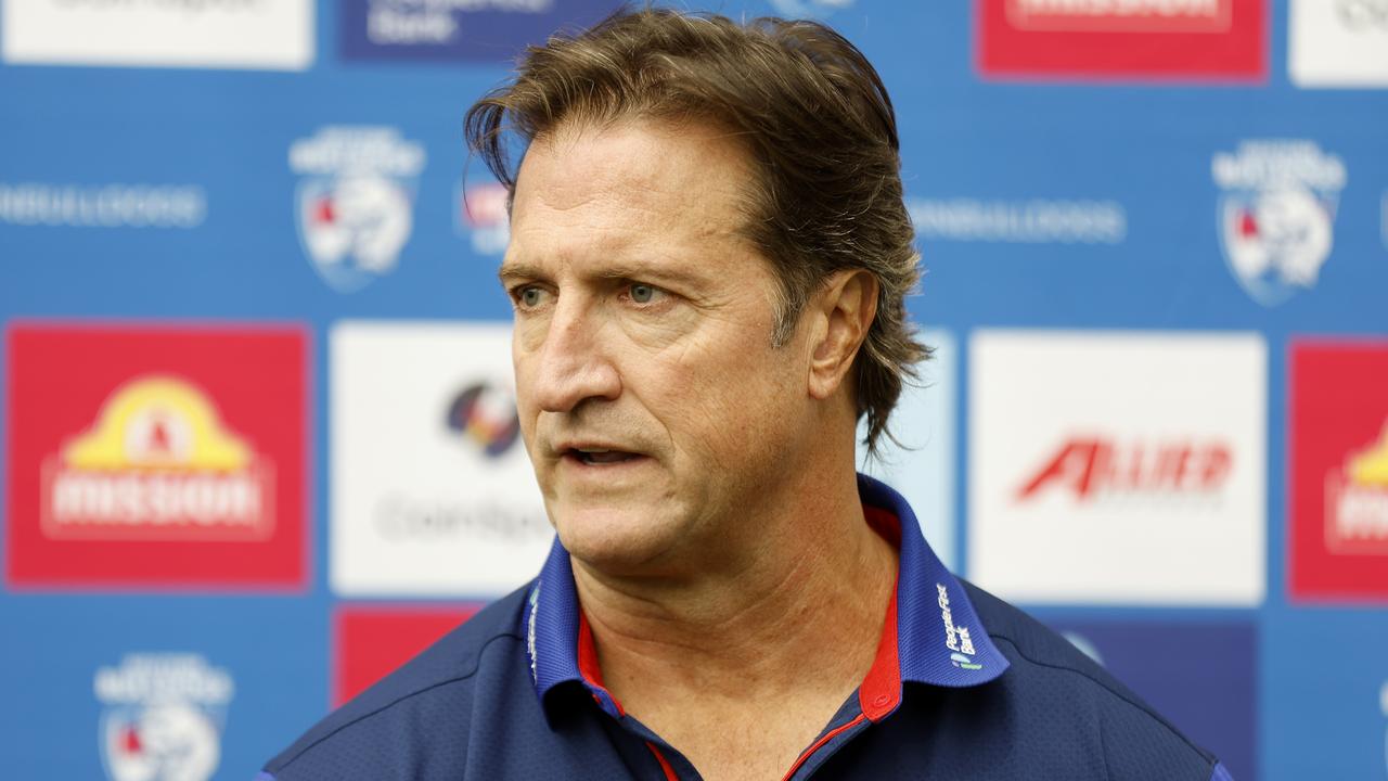 MELBOURNE, AUSTRALIA - MAY 09: Luke Beveridge, Senior Coach of the Bulldogs speaks to the media before a Western Bulldogs AFL training session at Whitten Oval on May 09, 2024 in Melbourne, Australia. (Photo by Darrian Traynor/Getty Images)