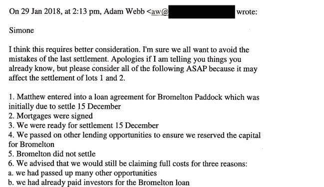 Emails between Weldev Capital executive Adam Webb and Simone Holzapfel tendered to the Supreme Court. Photo: Supplied