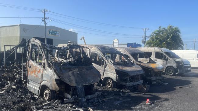 Emergency services were called to Network Car and Truck Rentals in Industrial Ave in Svensson Heights, Bundaberg just after 1.30am to reports three people had broken into a property, stolen a vehicle, and set another alight. Photo: James. Taylor