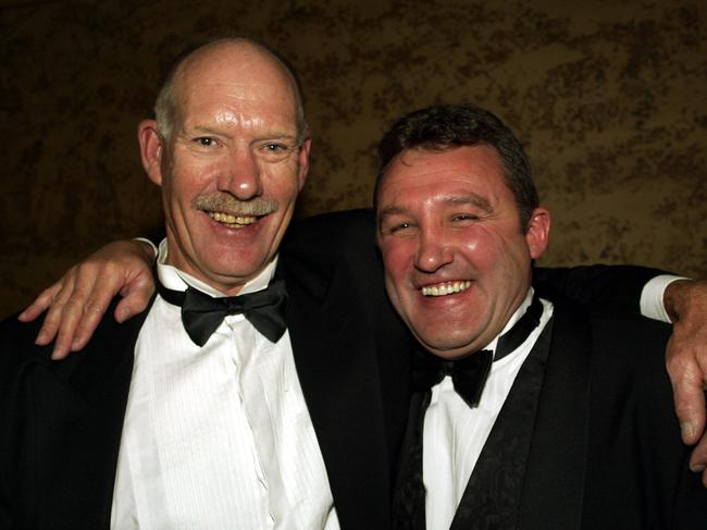 Carl Ditterich with Doug Hawkins during his AFL Hall of Fame induction. Picture: Cameron Tandy