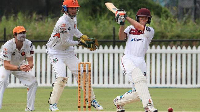 March 13, Sports Dr, Runaway Bay, Gold Coast Queensland. Burleigh batsman Scott Sanderson in action during round 16 of the Gold Coast Cricket Kookaburra Cup first grade cricket competition played at Runaway Bay between local side Runaway Bay and Burleigh. Picture Scott Powick Newscorp