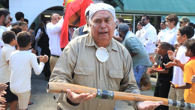 Mala Neil dances outside the St Albans church in Yarrabah in a send off for statesman and indigenous rights advocate Alfred Neal on June 20, 2023. Picture: Peter Carruthers