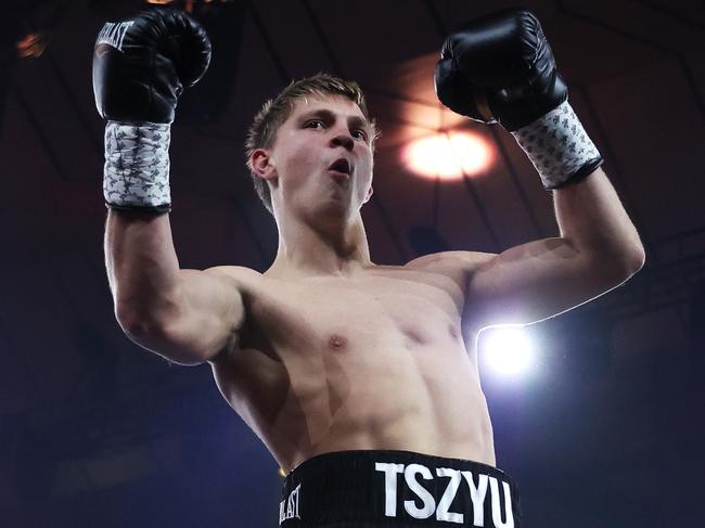 Nikita Tszyu celebrates a sensational victory over Benjamin Bommber at Margaret Court Arena. Picture: Robert Cianflone/Getty Images