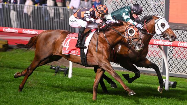 Growing Empire (inside) was runner-up in the Manikato Stakes. Picture: Vince Caligiuri/Getty Images