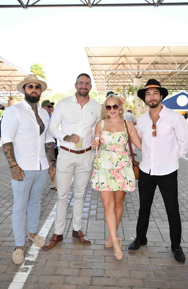 Johnny Spicer, Tony Goff, Lahnee Pavlovich and Matt Teles out and about at Corbould Park for the Melbourne Cup Race Day in Caloundra. Picture: Patrick Woods.