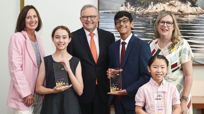 National Champions of the 2024 Prime Ministers Spelling Bee, Aditya Paul, Echo Feng, Jillian Strong, pictured with News Corp Australia's Community Ambassador Penny Fowler (right), journalist and editor Diana Jenkins (left) and Anthony Albanese. Picture: NewsWire / Martin Ollman