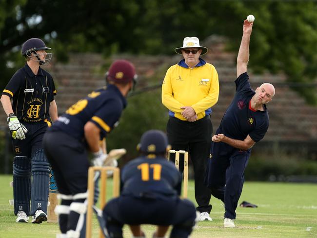 Mont Albert bowler Greg Cull goes at Heathmont. Picture: Stuart Milligan