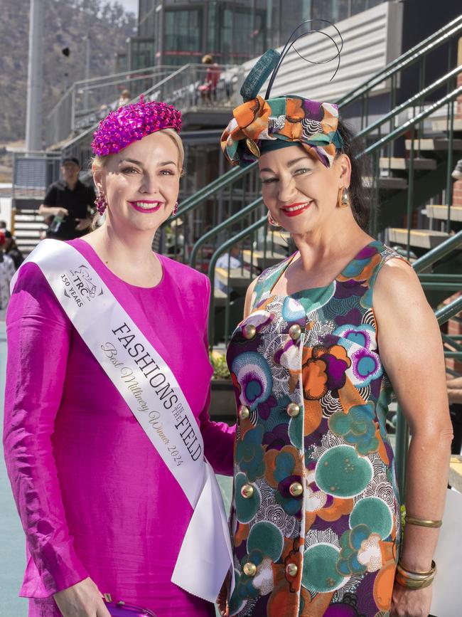 Fashions on the Field at the Hobart Cup, best millinery winner Daisy Grace and runner up Karen McMullen. Picture: Chris Kid