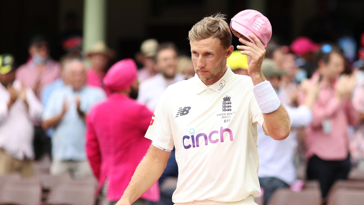 SYDNEY, AUSTRALIA - JANUARY 07: Joe Root of England receives his pink cap during day three of the Fourth Test Match in the Ashes series between Australia and England at Sydney Cricket Ground on January 07, 2022 in Sydney, Australia. (Photo by Cameron Spencer/Getty Images)