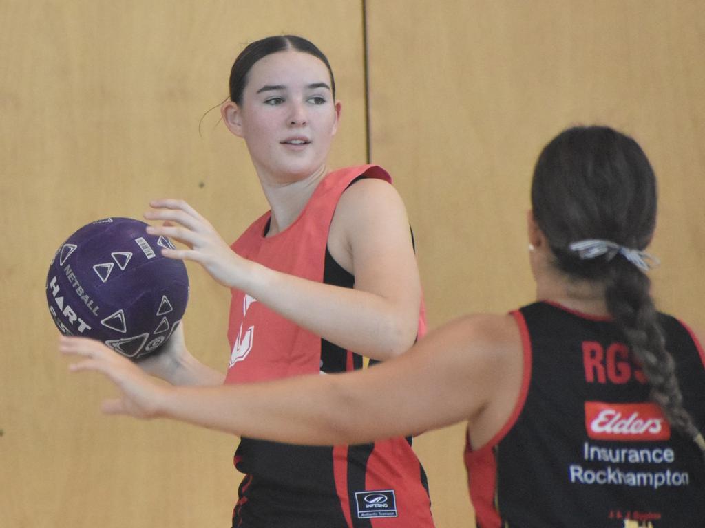 Former Australian Diamonds star Sharni Norder running coaching clinics for Rockhampton Grammar School netball teams, Saturday, March 11, 2023.