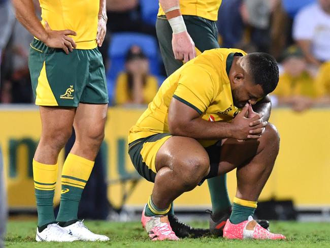 Devastated Wallabies after the loss. Picture: AAP