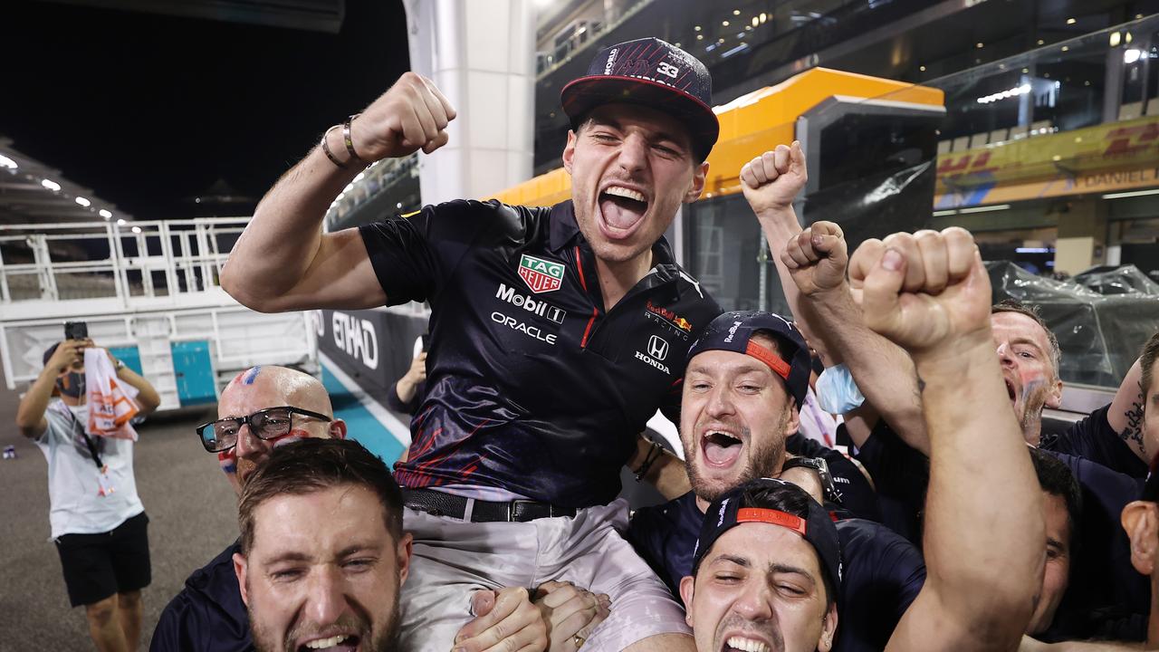 Max Verstappen after winning the 2021 F1 Drivers’ Championship. Photo by Lars Baron/Getty Images