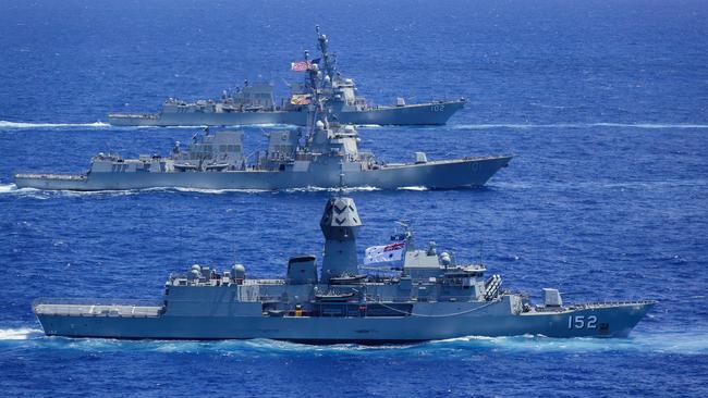 Royal Australian Navy ship HMAS Warramunga, front, USS Gridley and USS Sampson during RIMPAC 2022. Picture: Defence