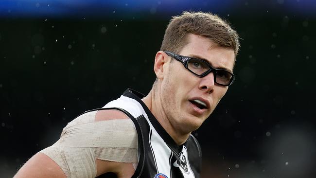 MELBOURNE, AUSTRALIA - JUNE 05: Mason Cox of the Magpies looks on during the 2022 AFL Round 12 match between the Hawthorn Hawks and the Collingwood Magpies at the Melbourne Cricket Ground on June 05, 2022 in Melbourne, Australia. (Photo by Michael Willson/AFL Photos via Getty Images)