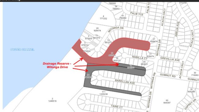 Document maps submitted by Clarence Valley Council showing where the current drainage reserves are located near Witonga Drive, Yamba.