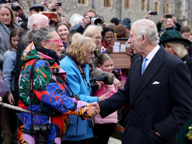 King Charles III and Queen Camilla greet people after attending the Easter Matins Service at St. George's Chapel, Windsor Castle. Picture: Hollie Adams/Getty Images