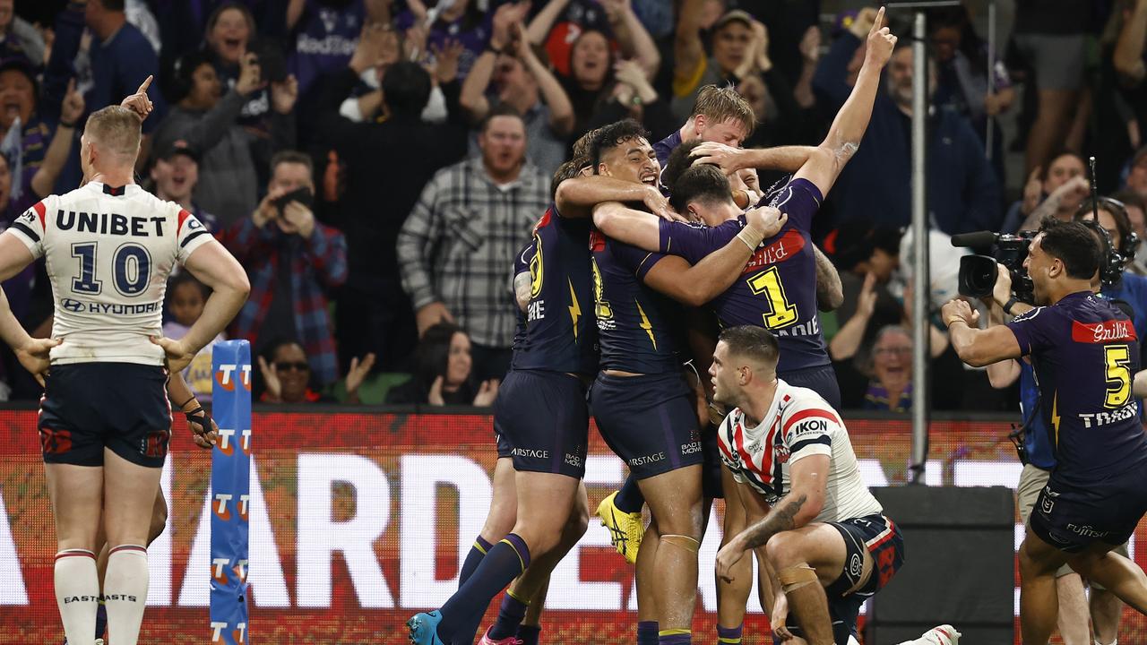 Warbrick celebrates with teammates after the try. Picture: Getty Images