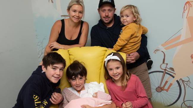 Emma and Adam Tuddenham with daughter Bella Also pictured their other children Bailey, 15, Chase, 12, Nellie, 9 and Lewi, 3. Bella died at 20 days old as a victim of spinal muscular atrophy (SMA) Picture: Heartfelt Foundation