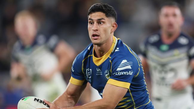 SYDNEY, AUSTRALIA - MAY 26: Dylan Brown of the Eels runs with the ball during the round 13 NRL match between Parramatta Eels and North Queensland Cowboys at CommBank Stadium on May 26, 2023 in Sydney, Australia. (Photo by Mark Metcalfe/Getty Images)