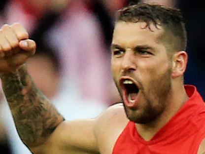 Buddy Franklin celebrates a goal during the Sydney Swans v Freemantle Dockers first qualifying final at ANZ Stadium. pic Mark Evans