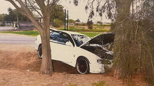 The District Court released this photos of the scene of the victim’s car, which crashed after he was shot in the face. Picture: SA Courts