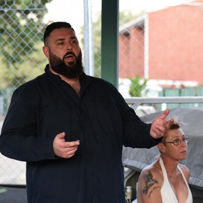 Blain MLA Mark Turner and concerned resident Rachael Howes at a community meeting at Emery Ave, Woodroffe, to address an outsider invasion that has besieged the suburb, August 1, 2024. Picture: Alex Treacy