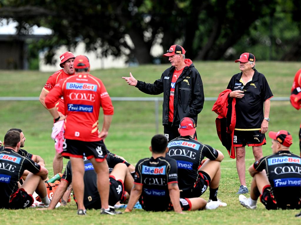 Sports Psychologist Dr Phil Jauncey pictured with Dolphins coach Wayne Bennett during a Dolphins training session. Picture: Getty Images