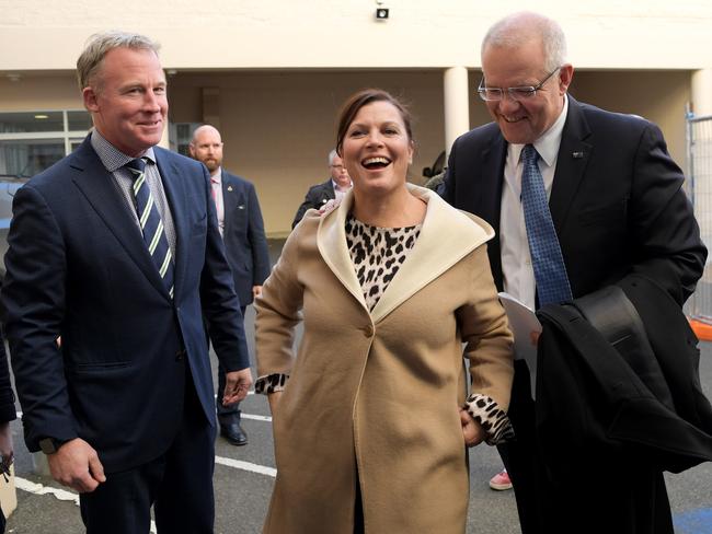 Premier Will Hodgman and Prime Minister Scott Morrison and his wife Jenny Morrison arrive at Launceston Town Hall during campaigning in Bass. Picture: Tracey Nearmy/Getty