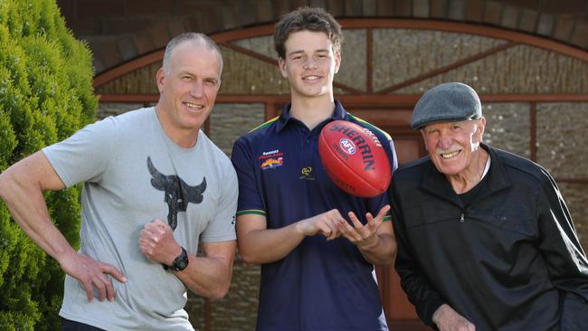 Top South Australian AFL draft prospect Mattaes Phillipou, with father Sam and grandfather Peter. Picture Dean Martin