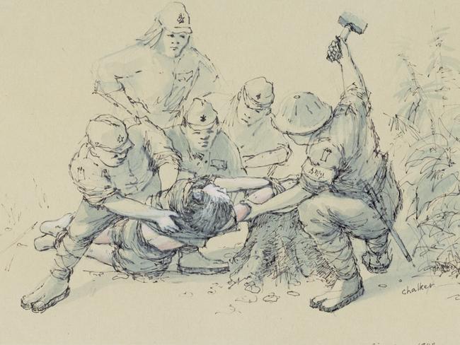 Brutal reality ... an Allied prisoner is punished by the Japanese on the Death Railway in this sketch by former British captive Jack Chalker.