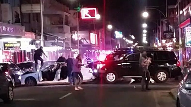 Police at the scene of the car chase and shooting in Hindley Street in 2016. Picture: 9 News