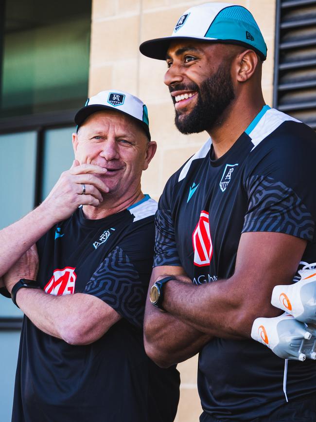 Ken Hinkley and Esava Ratugolea at Port Adelaide training on Monday. Picture: PAFC