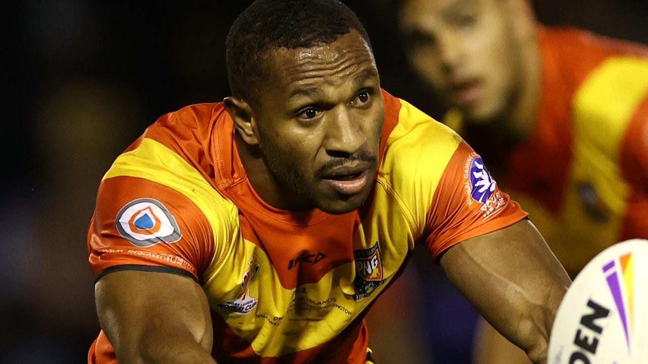 WARRINGTON, ENGLAND - OCTOBER 25: Edwin Ipape of Papua New Guinea during Rugby League World Cup 2021 Pool D match between Papua New Guinea and Cook Islands at The Halliwell Jones Stadium on October 25, 2022 in Warrington, England. (Photo by Michael Steele/Getty Images)