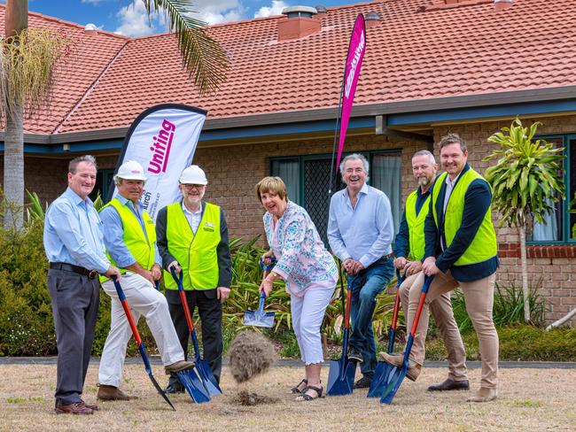 The official turning of the soil at the new Uniting Yamba retirement village site. Pictured are Clarence MP Chris Gulaptis, CVC Mayor Jim Simmons, Uniting Area Manager Graham Childs, Uniting Development Manager John Pearce and Chair of Yamba Uniting Church Council Pam Coulson.