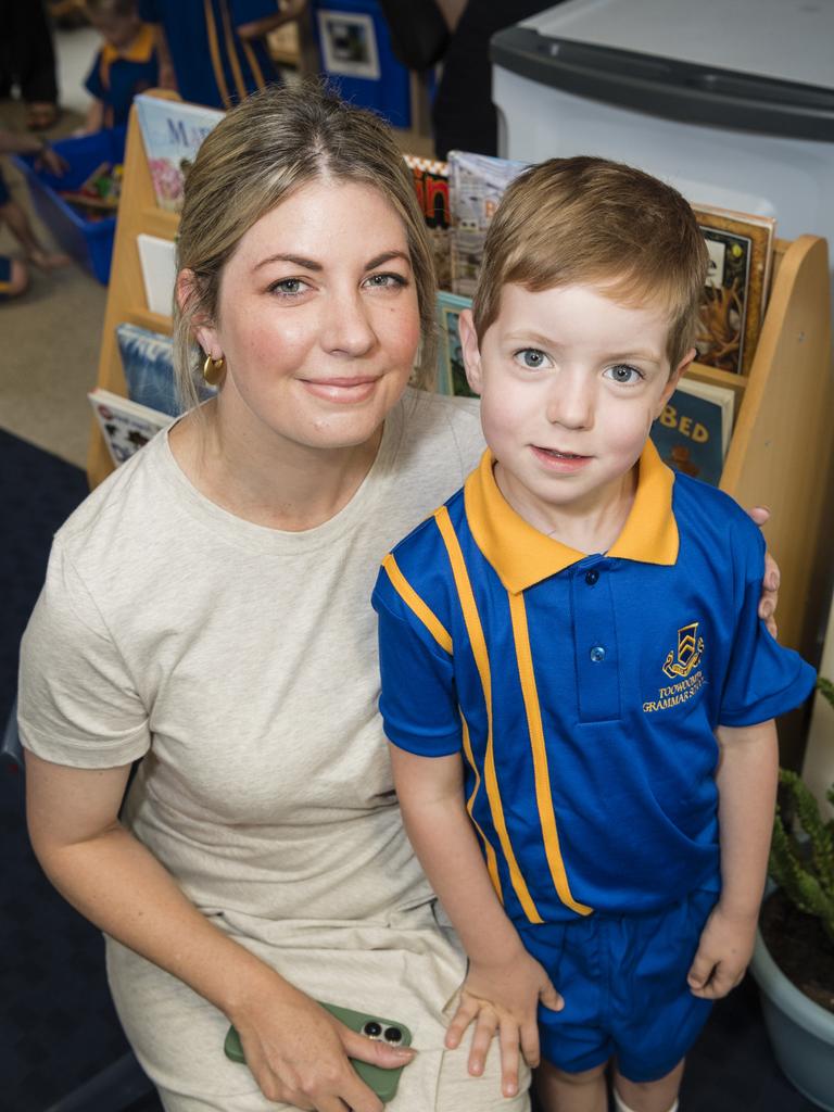 Toowoomba Grammar School Prep student Angus Macnish with mum Fleur on the first day of school, Tuesday, January 23, 2024. Picture: Kevin Farmer