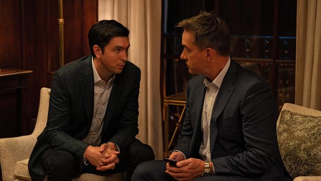 Greg Hirsch (Nicholas Braun) and Tom Wambsgans (Matthew Macfadyen) in a scene from season four of Succession. Picture: Foxtel