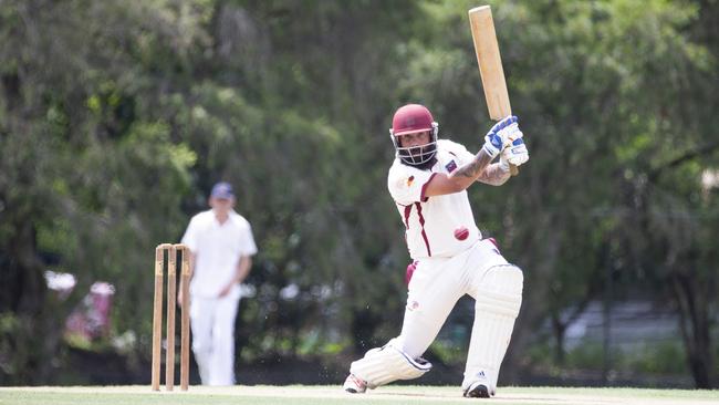 Caboolture batter Preston White picks the gap in the field against Gympie. (AAP Image/Renae Droop)