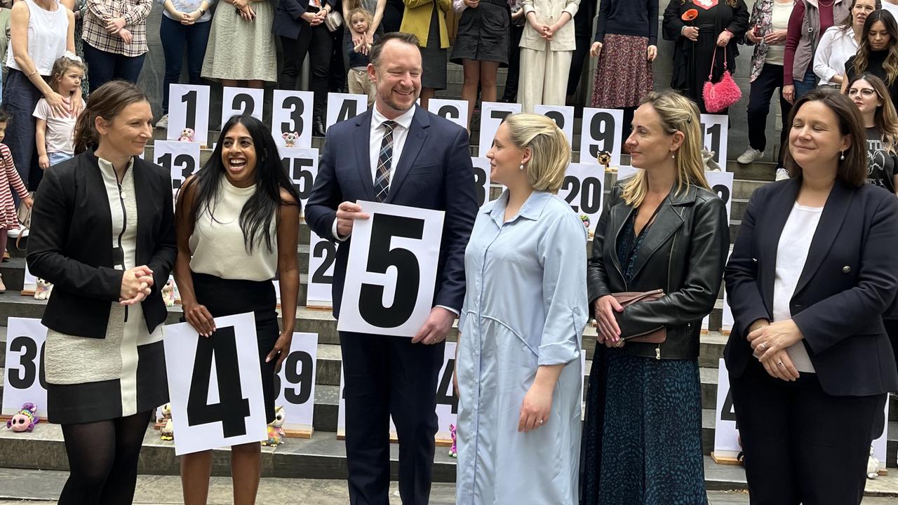 Liberal upper house member Ben Hood with supporters of his Abortion Reform outside including Liberal MPs Nicola Centofanti, controversial Adelaide Uni professor Joanna Howe, and MPs Laura Henderson, Sarah Game, Heidi Girolamo. Picture: Paul Starick