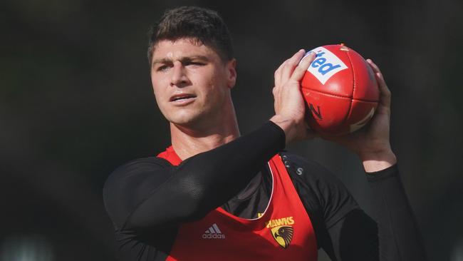 Jonathon Patton of the Hawks marks the ball during an AFL Hawthorn Football Club training session at The Ricoh Centre in Mulgrave, Wednesday, June 3, 2020. (AAP Image/Michael Dodge) NO ARCHIVING