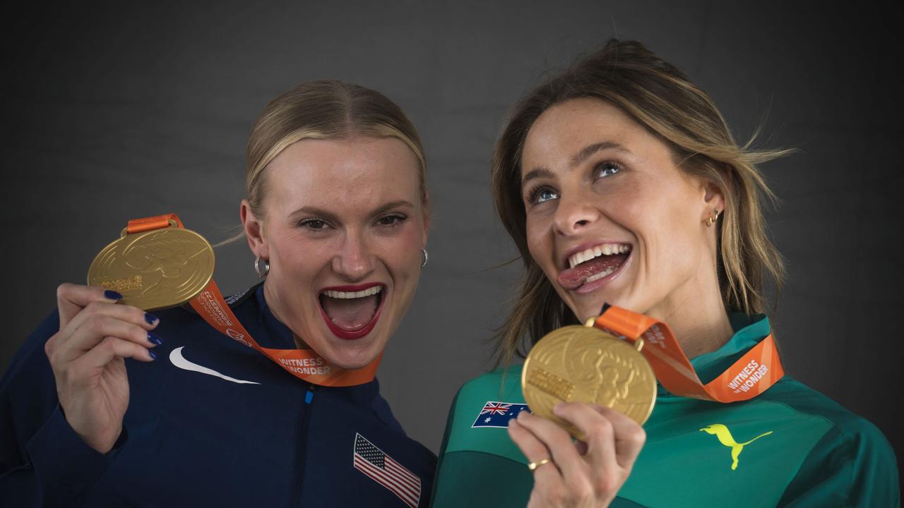 Women's pole vault joint gold medallists USA's Katie Moon and Australia's Nina Kennedy after the World Athletics Championships in Budapest on August 24, 2023. Picture: Andrej Isakovic/AFP