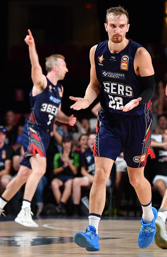 Drmic reacts after sealing the win over the Hawks with a three-pointer with 32 seconds left on the clock. Picture: Mark Brake (Getty).