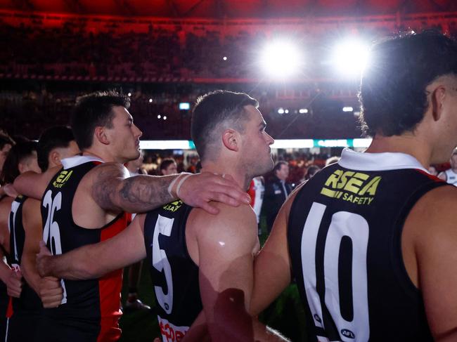 MELBOURNE, AUSTRALIA - JUNE 23: Brad Crouch is seen as part of Spud's Game ceremony and huddle during the 2023 AFL Round 15 match between the St Kilda Saints and the Brisbane Lions at Marvel Stadium on June 23, 2023 in Melbourne, Australia. (Photo by Michael Willson/AFL Photos via Getty Images)