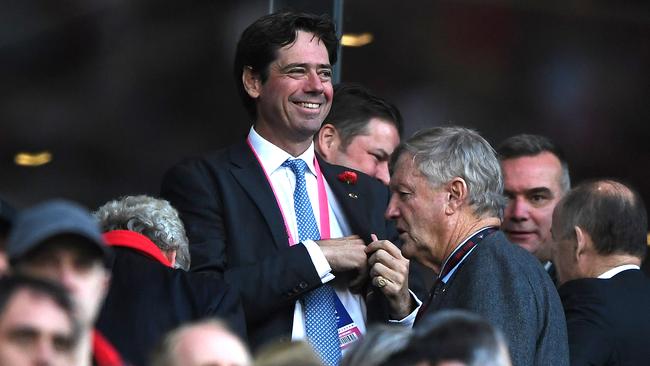 AFL boss Gillon McLachlan was all smiles at the game, unlike many of his fellow lunch guests. Picture: Julian Smith/AAP