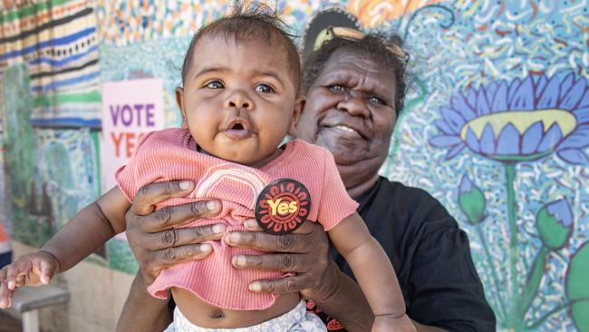 Apalech elder Phyllis Yunkaporta, with her five-month-old niece Saphera Kerindun, in Aurukun. Picture: Brian Cassey