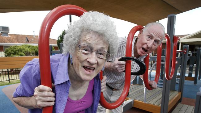 Joan, 82, and Herb Reddie, 83 on some of the specialised balance and co-ordination equipment. Picture: David Caird