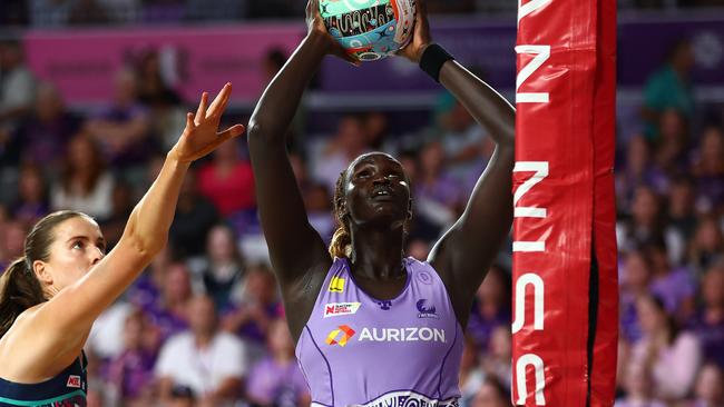 BRISBANE, AUSTRALIA - MAY 25:  Mary Cholhok of the Firebirds shoots during the round seven Super Netball match between Queensland Firebirds and Melbourne Vixens at Nissan Arena, on May 25, 2025, in Brisbane, Australia. (Photo by Chris Hyde/Getty Images)