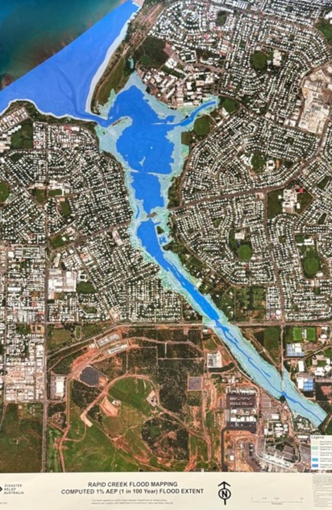 Disaster Relief Australia modelling of 1 per cent AEP flooding in the Rapid Creek catchment. Picture: Supplied