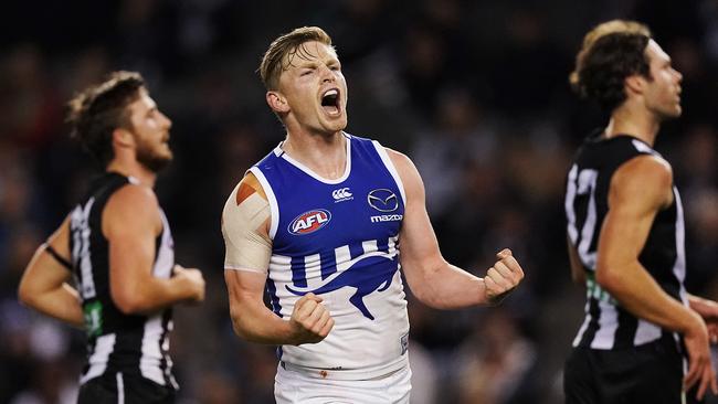 Jack Ziebell lets out a scream after a goal against the Magpies. Picture: Getty Images