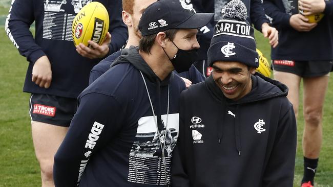 Carlton coach David Teague and Eddie Betts after his retirement announcement. Picture: Darrian Traynor/Getty Images